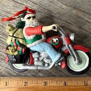 Santa Claus Motorcycle Ornament - Red and Green - Resin- Like New